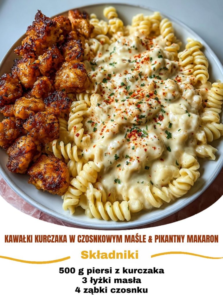 Kawałki kurczaka czosnkowe makaron