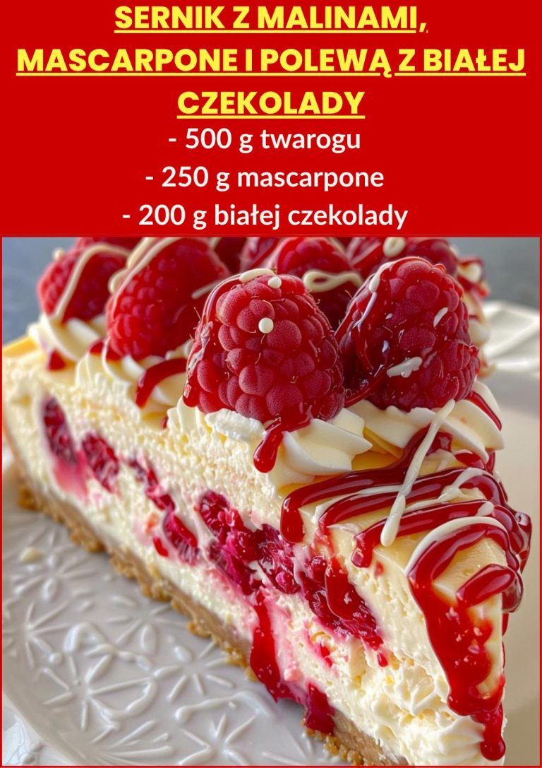 SERNIK Z MALINAMI, MASCARPONE I POLEWĄ Z BIAŁEJ CZEKOLADY